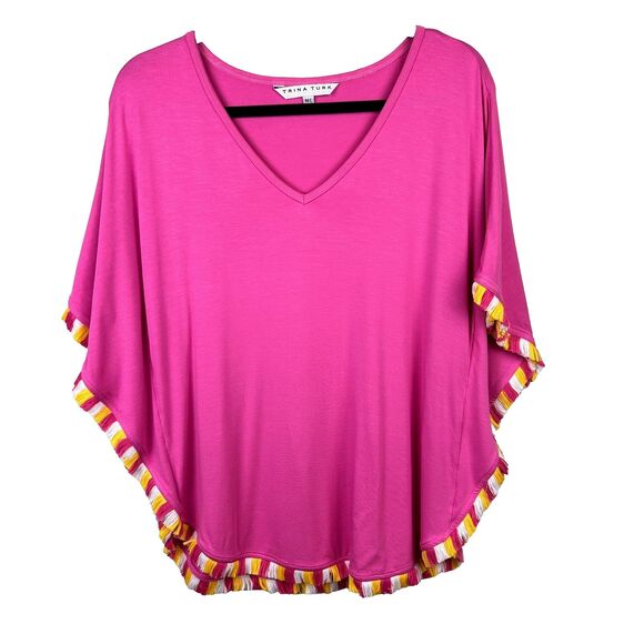 Trina Turk Delfino Fringed Tunic Poncho Top Boho Resort Shirt Vibrant Pink M / L - Picture 3 of 12